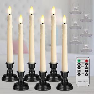 yunsheng Battery Operated LED Window Candles with Remote Timer, 8 Inches Ivory Flameless Taper Flickering Candles, Removable Black Candlesticks and Suction Cups, Holiday, Home Decor, 6 Pack