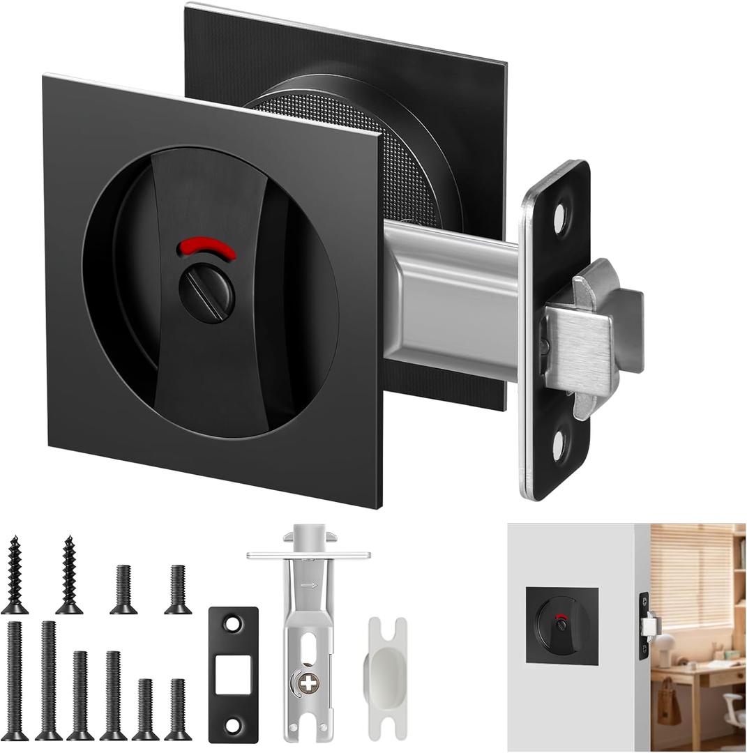 Aglehome Square Pocket Door Lock with Color Coded Indicator, Black Contemporary Privacy Pocket Door Hardware, Sliding Pocket Door Lock, Flush Pocket Door Latch for Bed/Bath, 2-3/8" Backset