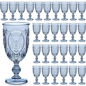 Wiwiqing 48 Pcs Vintage Wine Goblet Colored Water Goblets Plastic Wine Glasses Retro Embossed Glassware Water Goblets for Wine Bar Juice Baby Shower Wedding Reception Grand Event Party (Blue)