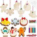 OurWarm 48pcs Wooden Christmas Ornaments, 6 Styles Unfinished Wood Slice Ornaments, DIY Christmas Ornaments Set with Bells, Colored Markers and Ropes, for DIY Craft Making and Christmas Tree Ornaments