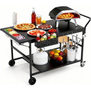 47" Outdoor Pizza Oven Table with Wheels, Heavy Duty Pizza Oven Cart with Propane Tank Holder, Grill Cart Prep Table for BBQ Patio Backyard Cooking, Large Metal Stand