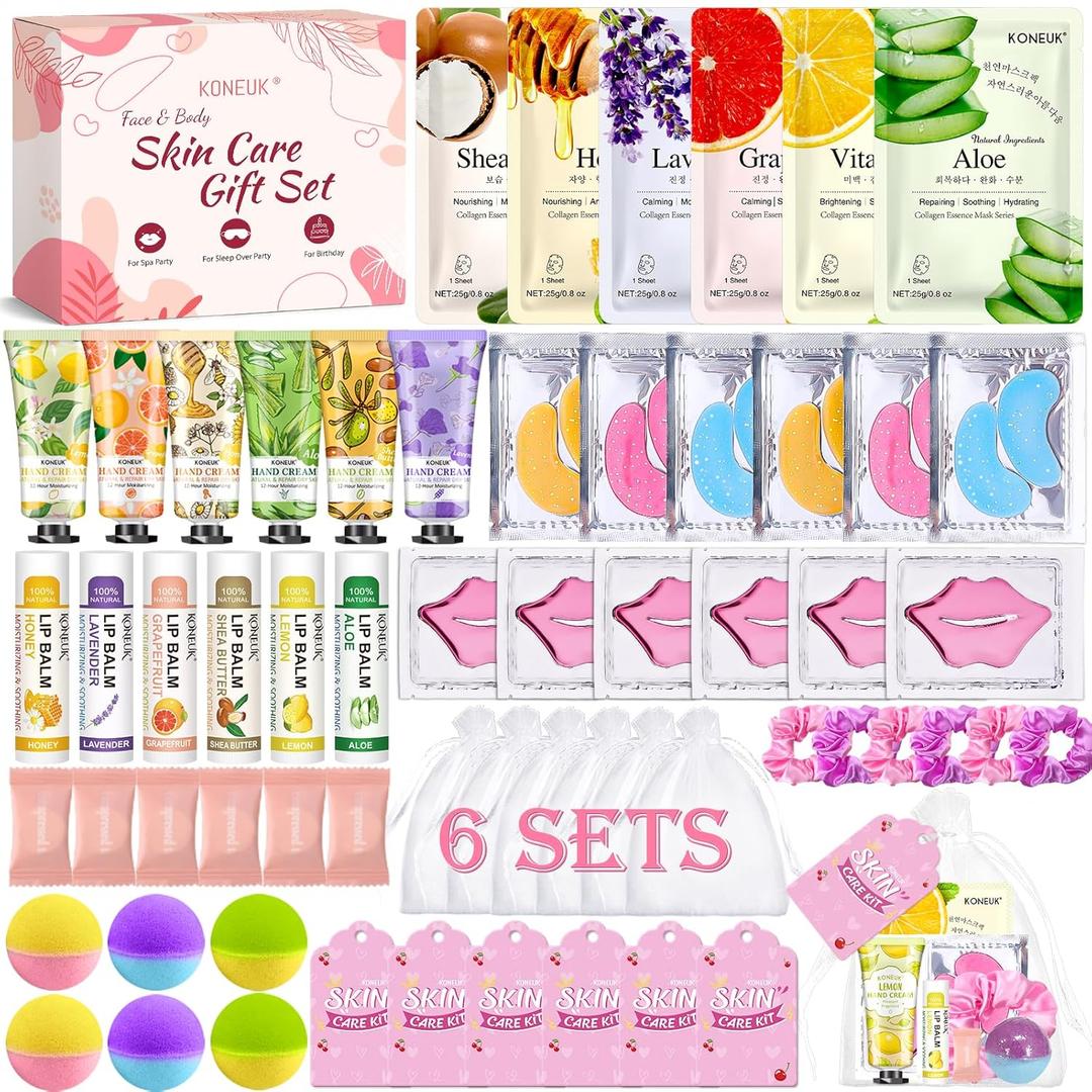60PCS Spa Party Supplies for Girls, Include Face Masks, Hand Cream, Lip Balm, Foot Bath Bombs, Lip Mask, Under Eye Patches, Compressed Towels, Spa Birthday and Sleepover Party Supplies for Girls Women