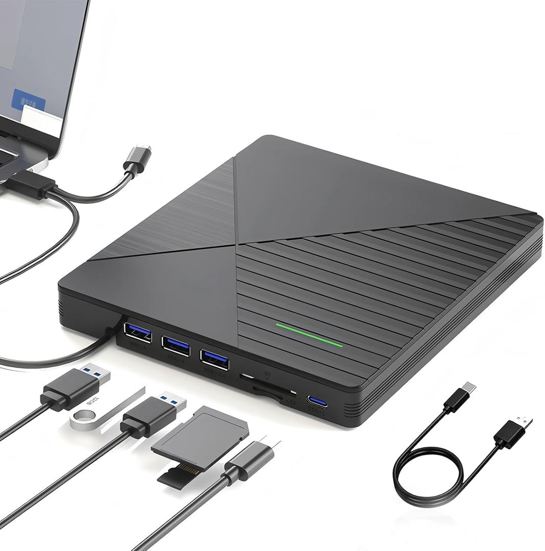 External CD DVD Drive with 3 USB Ports and 2 TF/ SD Card Slots, USB 3.0 Portable CD/ DVD Optical Disk Drive Player Burner Reader Writer for MacBook Pro Air iMac Laptop PC Windows 11/ 10/ 8/ 7 Linux Mac OS