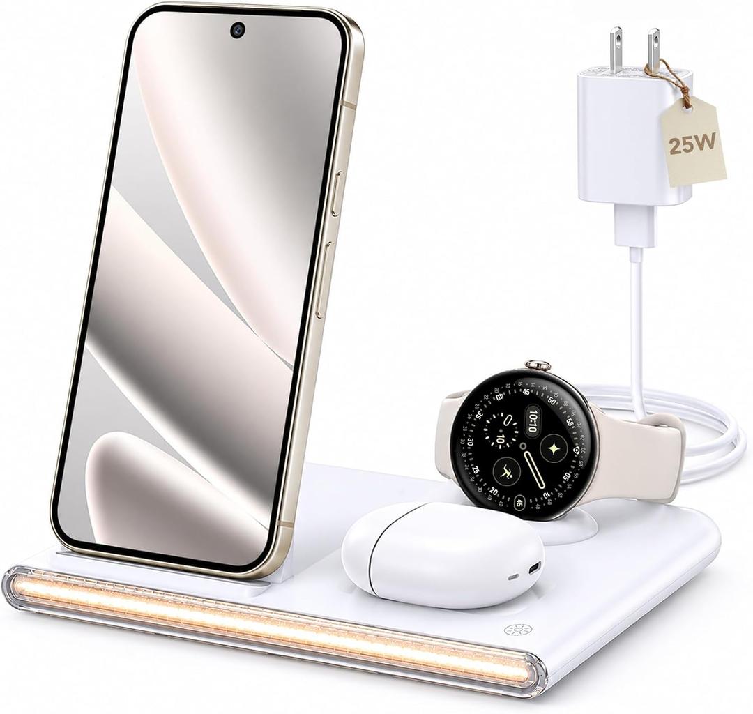 Wireless Charger for Google Pixel Watch 4 Only,4 in 1 Wireless Charging Station Bedside Night Light for Google Pixel 10 Pro Fold/10 Pro XL/10 Pro/10/9/8/7,Buds Pro 2/Pro/2,Phone Charger Warm Gifts