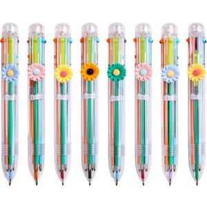Multicolor Pens & Flower Pens for Adult Use 6-in-1 0.5mm Ballpoint Pens, Clear Daisy Barrel for Office, Journaling, Planning & Color-Coding - Efficient Writing Tool Set (8-Pack)