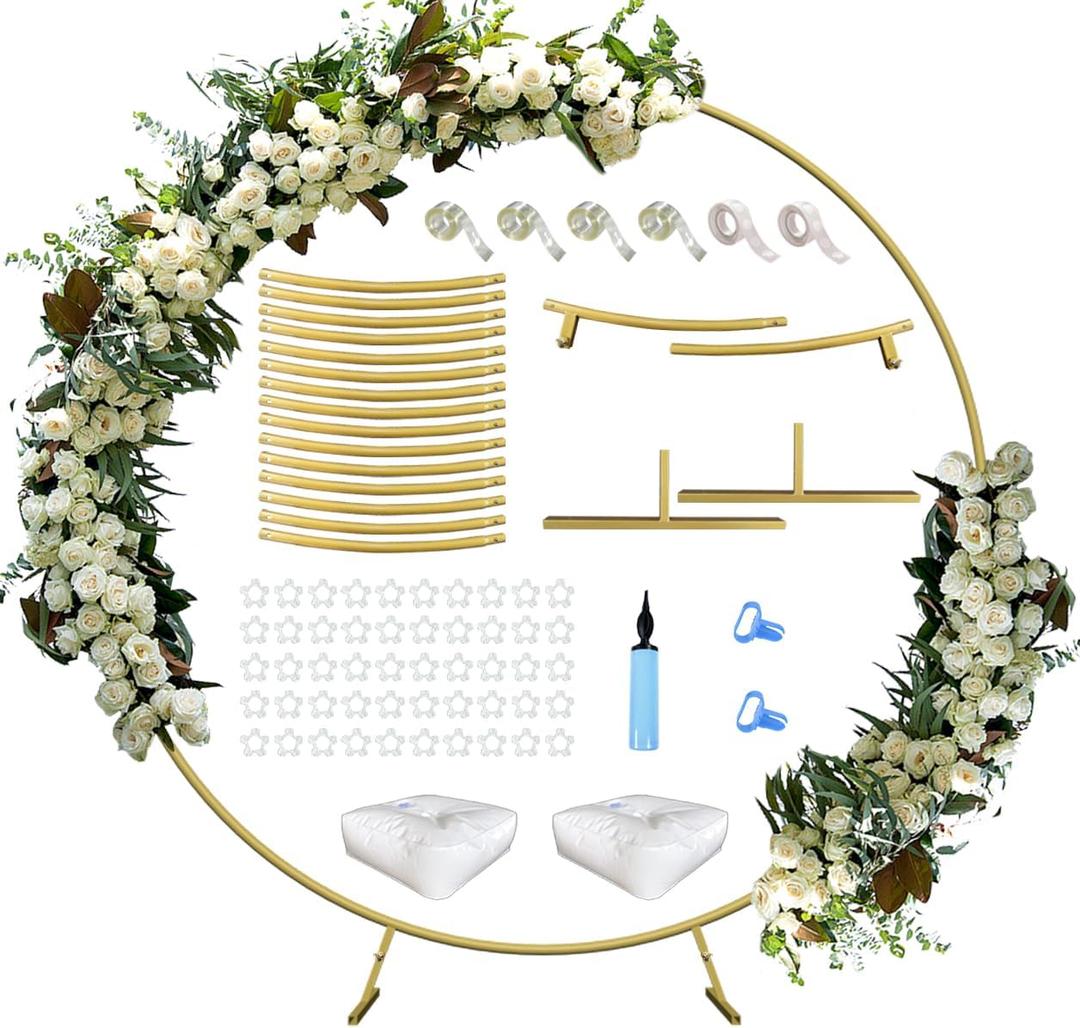 Queension Large Wedding Arch for Ceremony 7 Ft, Metal Balloon Arches Backdrop Stand with Metal Base for Party Supplies, Outdoor Garden Trellis with Water Bag for Climbing Plant, Round Frame, Gold