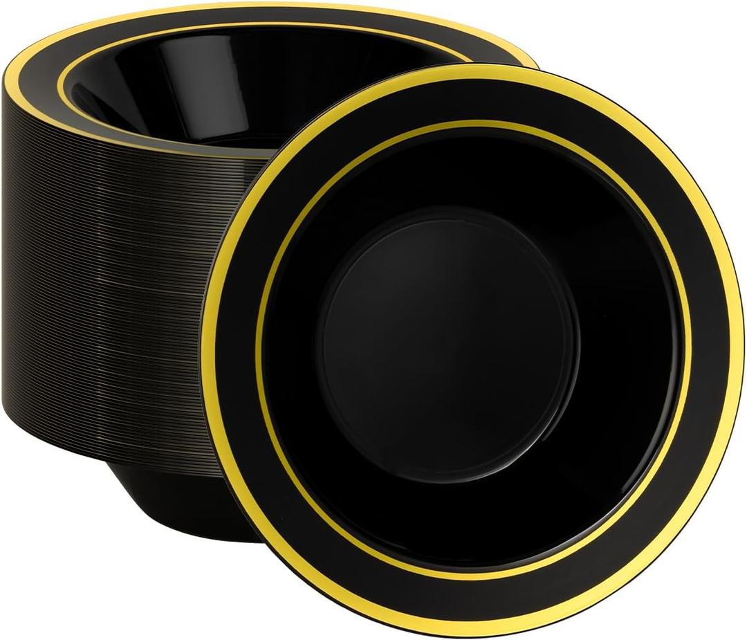 100 Pack Black Disposable Bowls with Gold Rim, 12oz Black Plastic Soup Bowls for Party, Wedding, Holiday,And Halloween