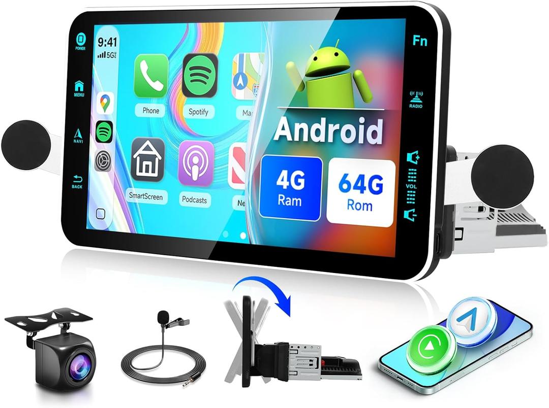 4G+64G Andriod Single Din 9-Inch Touchscreen Car Stereo with Wireless Carplay Android Auto, Car Radio Rotatable Screen 1 Din Bluetooth Mirror Link GPS WiFi, FM/RDS EQ with Backup Camera+Phone Holder