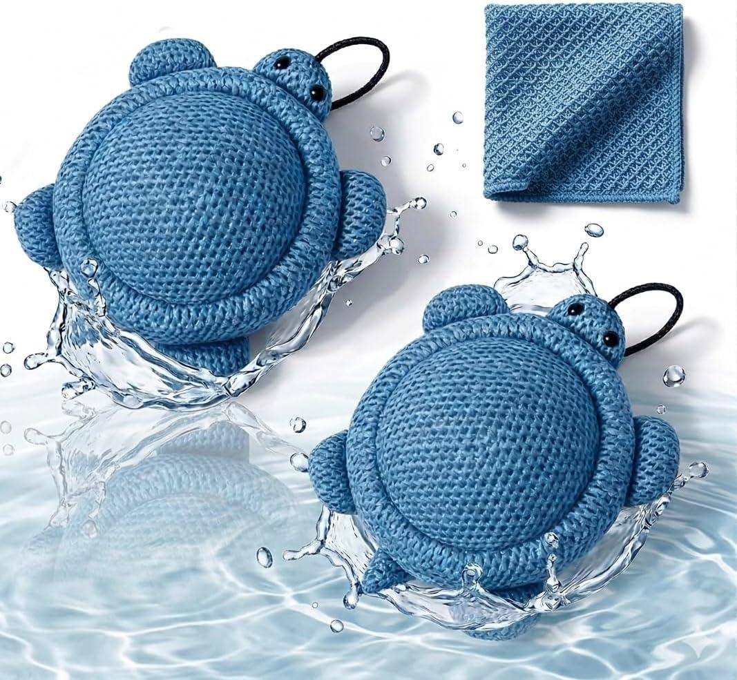 Hot Tub Scum Absorber (2 Pack Turtle) Oil Absorbing Sponge for Spa & Pool, Floating Cleaner Removes Body Oils, Lotion & Dirt, Keeps Water Clean with Extra Cleaning Cloth