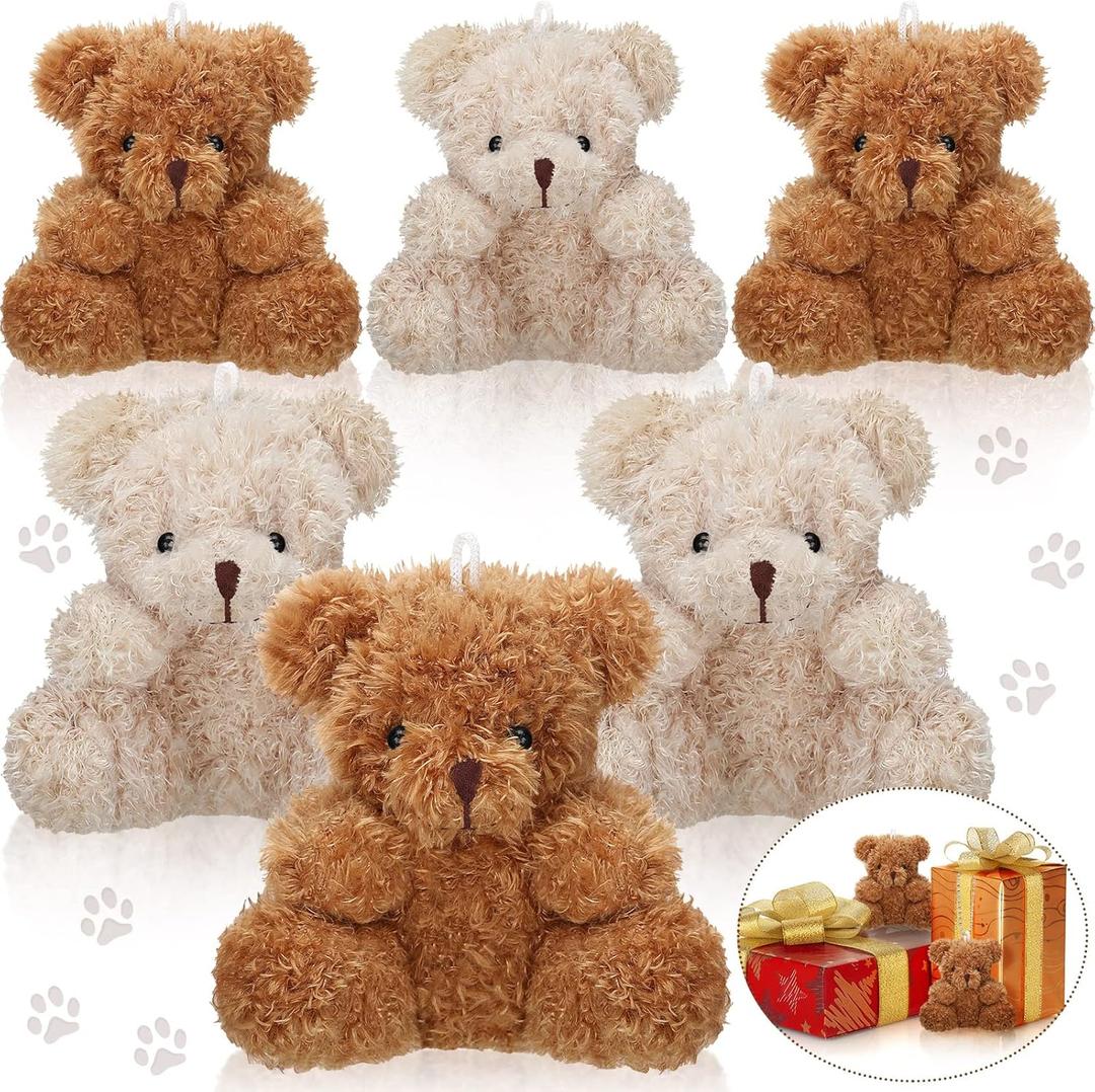 6 Pieces Mini Bear Plush Stuffed 4 Inch Small Bear Bulk Animal Toys for Baby Shower Party Favors Tiny Soft Doll Gifts for Graduation Keychain Bag Charm Supplies(Brown, Apricot)