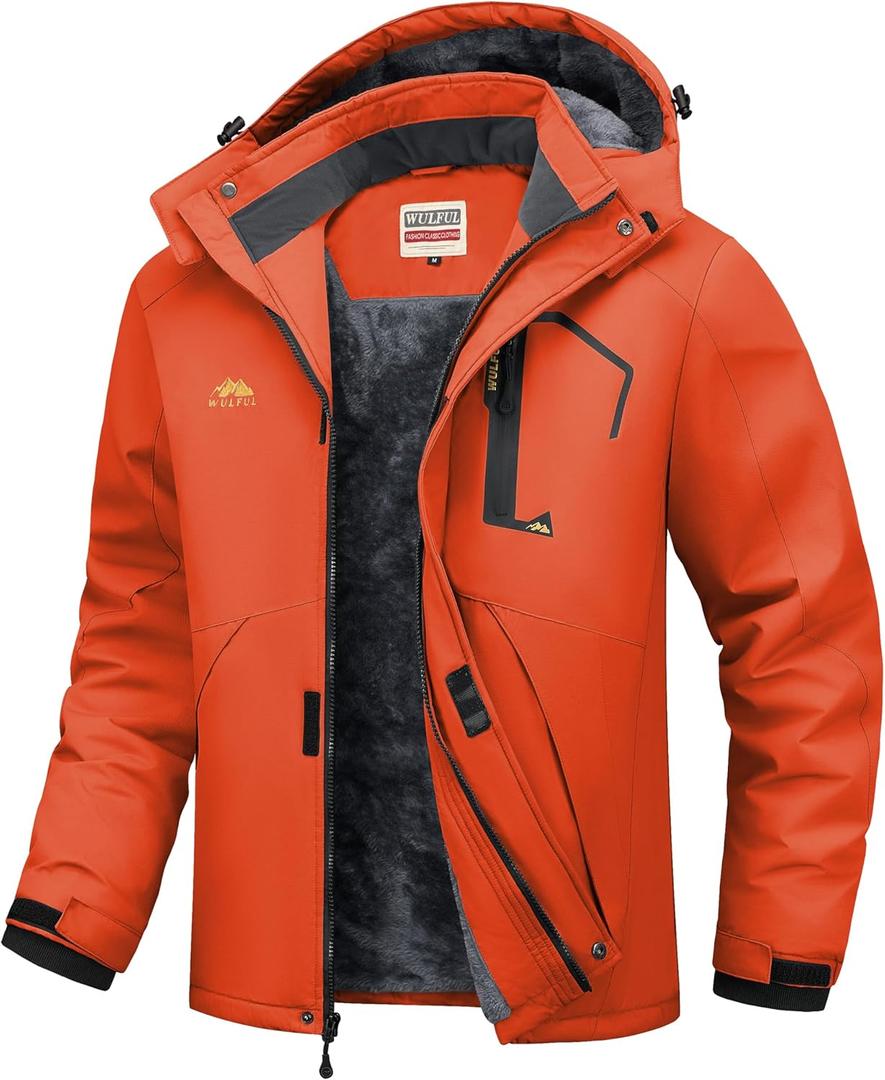 WULFUL Men's Ski Jackets Warm Winter Snow Windbreaker Resistant Snowboard Fleece Coat Mountain Waterproof Parka with Hood (Medium, Orange)