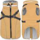 Fragralley Dog Coat with Harness Built in, Waterproof Windproof Reflective Warm Puffer Jacket, Fleece Lined Vest Winter Parka for Small, Medium, Large Dogs (Khaki)