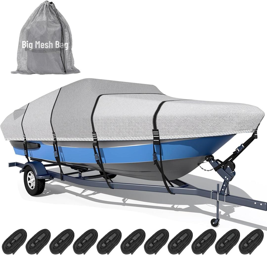 1600D + 1200D Boat Cover with 2" Wide Loops for Trailering and Mooring - Ultra Durable Waterproof Fits 17-19ft Tri-Hull, V-Hull, Runabout, Fish & Ski Boat, Bass Boat, with Storage Bag
