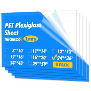 Art3d Plexiglass Sheets, Clear & Flexible, 5-Pack of 24 x 36" | Transparent PET, 1/16 inch Thick, Plexiglass Cut to Size, Plastic Sheets for Craft, Picture Frames, Windows and DIY Displays