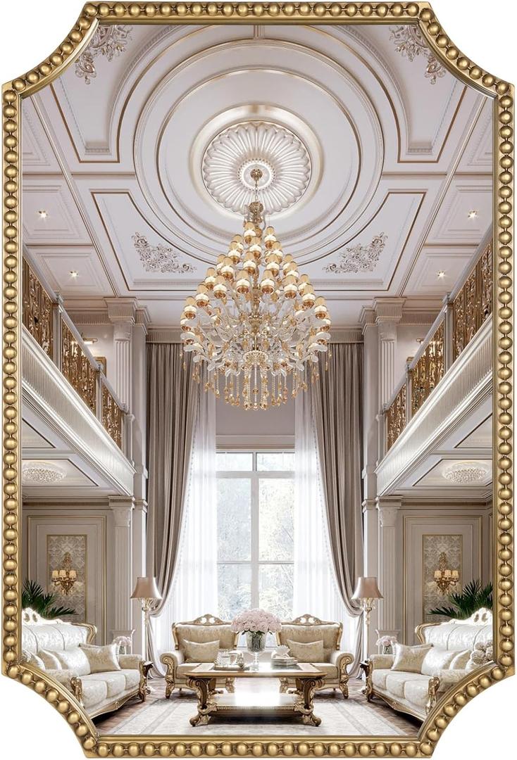 24"x36" Mirror for Wall, Scalloped Corners Rectangle Decorative Mirror, Metal Beaded Frame Accent Wall Decor for Bathroom, Entryway, Mantel, Antique Gold