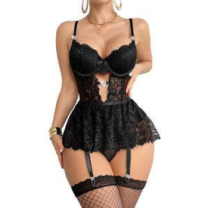 Sexy Stocking Underwire Push Up Rhinestones Heart Floral Lace Mesh Sheer Garter Bodysuit Skirt Lingerie Set 3 Piece (Medium, Black)