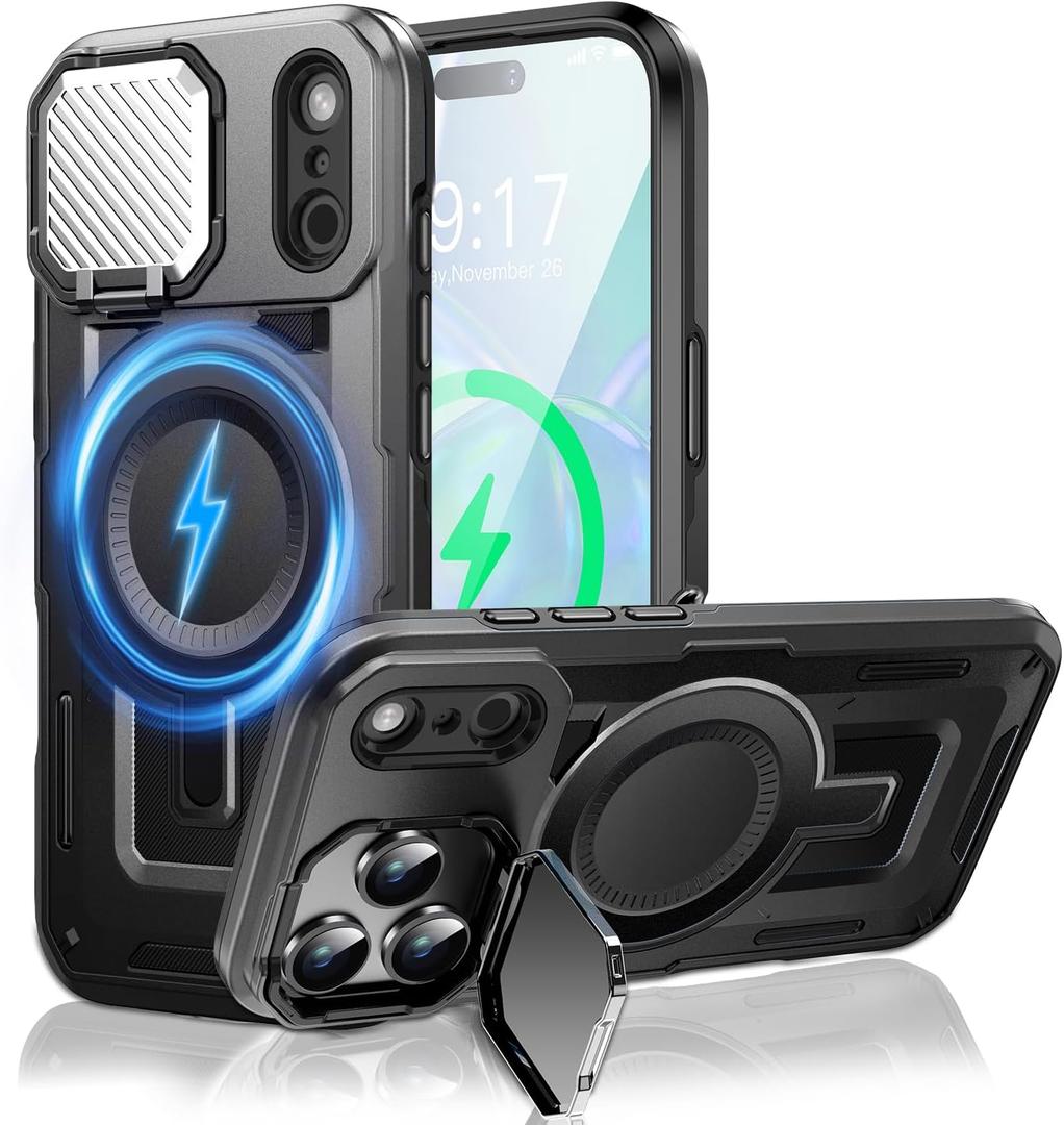 Camera Stand Case for iPhone 17 Pro Max, [Compatible with MagSafe] [Lens Cover] 2025 Version Military Grade Protective Soft Case for iPhone 17 Pro Max 6.9 inch Men Women, Black