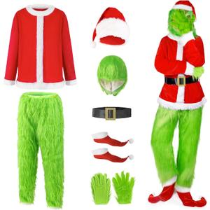 9PCS Green Monster Costume for Men, Adult Santa Costume with Mask, Coat, Belt, Gloves, Pants, Socks (Small)