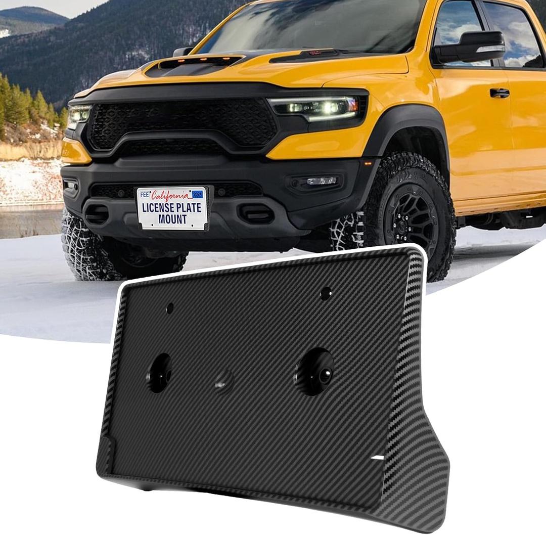 Heavy-Duty ABS Front License Plate Bracket  License Plate Holder & Frame Compatible with Dodge RAM 2018-2024, Quick Installation with Screws, Vibration Dampening & Rust-Proof Design,Carbon Fiber