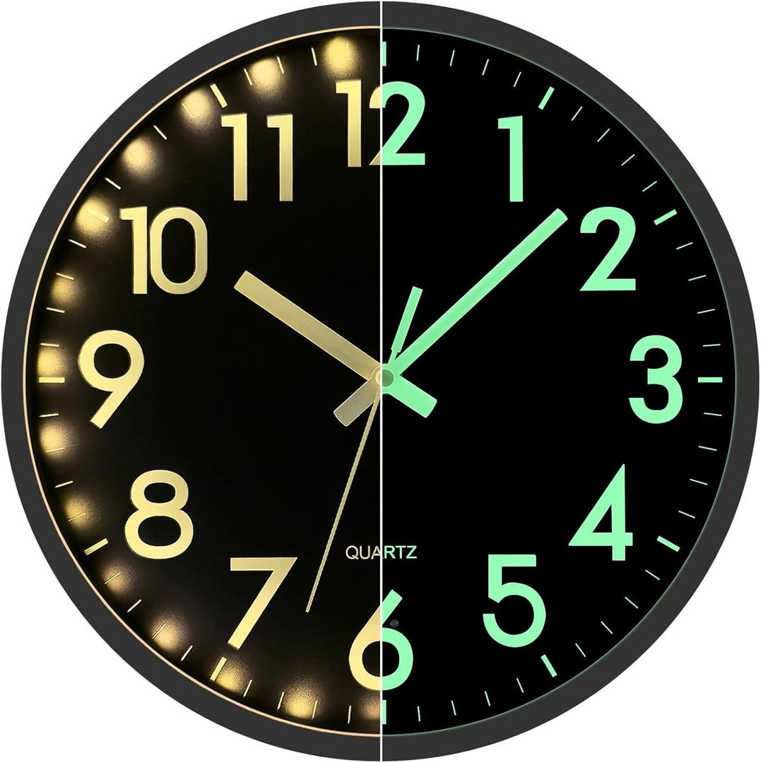 JoFomp LED Wall Clock for Bedroom Night Glow, 12 Inch Silent Wall Clocks Battery Operated, Light Up Wall Clocks for Living Room Decor, Sound Control Modern Wall Clock Glow in Dark for Kitchen Office