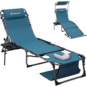 FUNDANGO Heavy Duty Tanning Chair with Face Hole & Canopy, 400lbs Beach Lounge Chair with Side Table, 5-Position Sun Lounger for Outdoor Patio Pool-Face Down Chaise with Anti-Pinch Safety Lock,Cyan