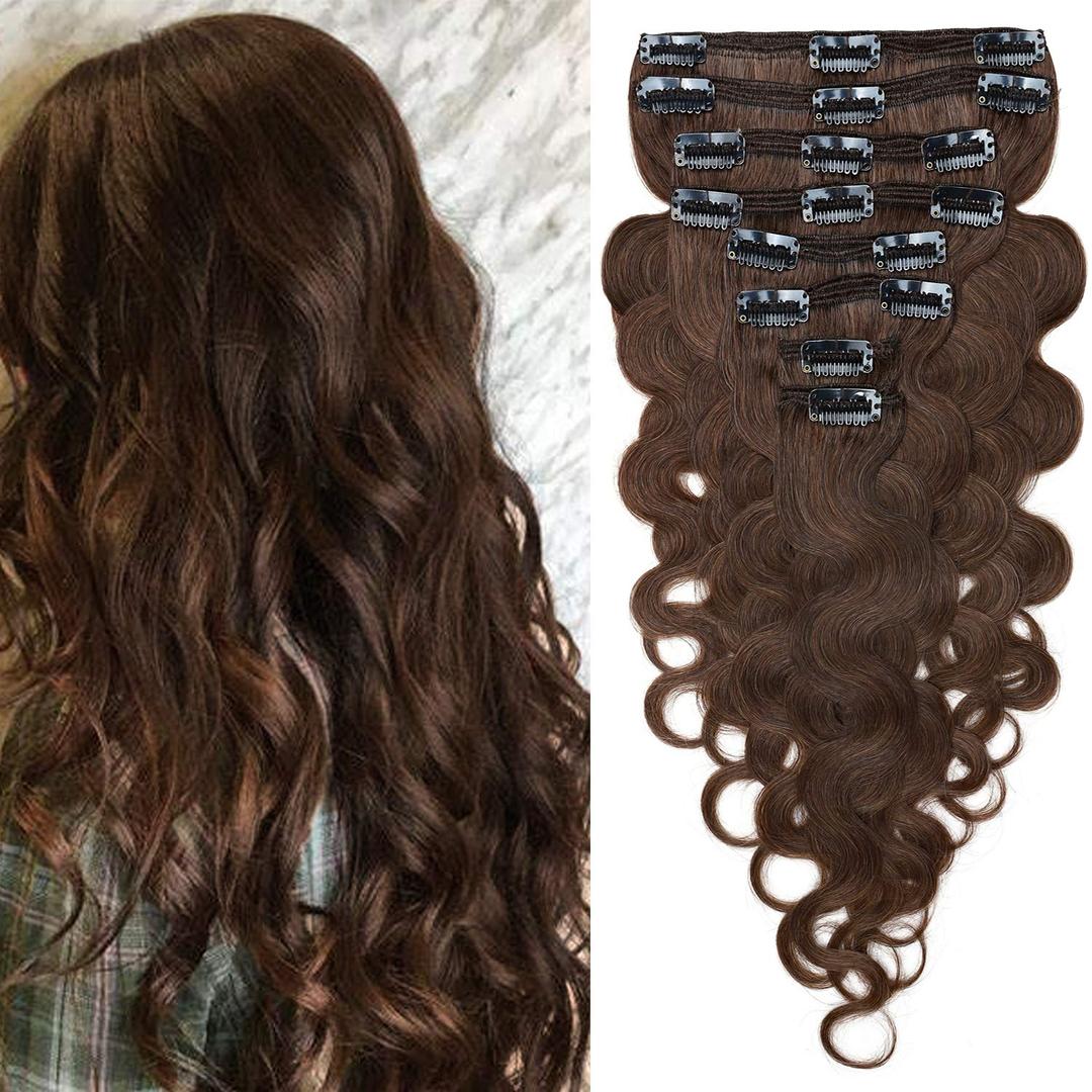 S-noilite Wavy Clip in Hair Extensions Real Human Hair Double Weft Thick 8 PCS Clip in Remy Hairpiece Natural Body Wave Full Head (20 Inch - 150g, Medium Brown)