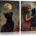 2Pcs Black Cats Preppy Canvas Wall Art Whimsical Gothic Cat Wall Decor Vintage Fun Cool Girls Mysterious Animal Posters Prints Cat Lovers Pictures Paintings Bedroom Living Room Dorm Decor 16x24 Inch