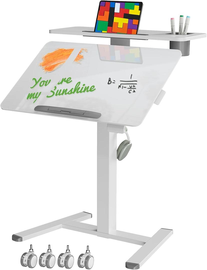 28Inch Glass Mobile Standing Desk On Wheels Rolling Laptop Stand with Tiltable Desktop Small Computer Workstation Adjustable Height 2-Tier Portable Study Table with Storage Shelf White