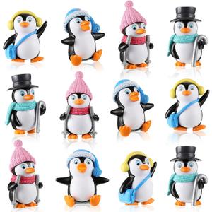 Zhanmai 12 Pcs Mini Penguin Characters Toys Collection Playset Cute Cartoon Figures Cake Topper Winter Penguin Figurines Cake Decoration for Christmas Birthday Landscape Party Supplies