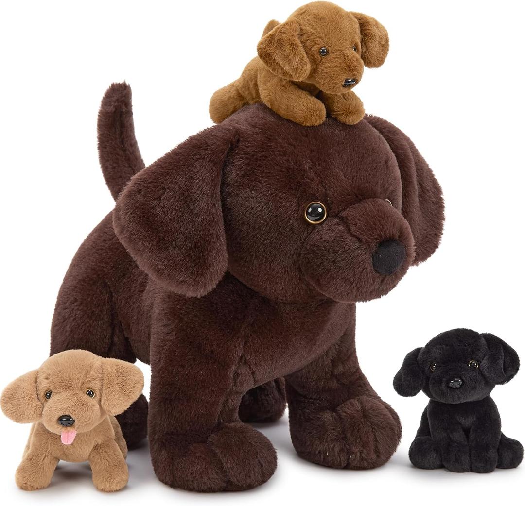 4Pcs Lab Stuffed Animals - 16" Huggable Chocolate Mama Labrador Dog with 3 Hidden Puppies (Black/Yellow/Dark Brown) - Plush Toys Gifts for Kids