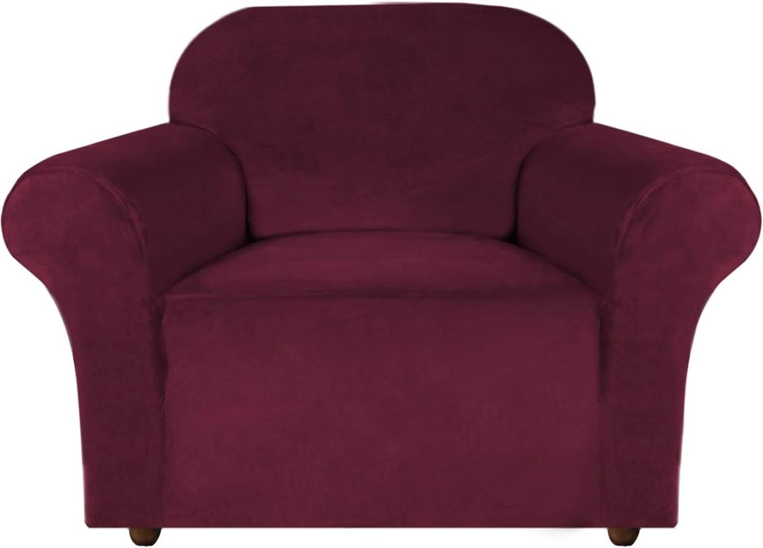 Turquoize Stretch Velvet Chair Cover Sofa Chair Covers for Living Room Armchair Cover Chair Slip Covers with Arms Chair Slipcovers with Elastic Bottom Crafted from Soft Velvet Fabric (Chair, Burgundy)