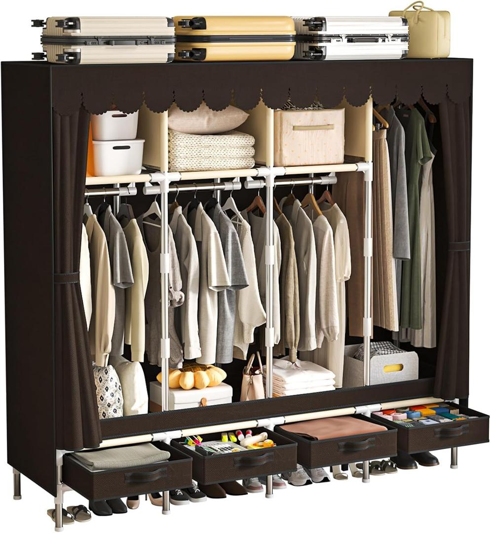 Portable Wardrobe with 4 Drawers, 4 Hanging Rods - 67" Tall Sweater Organizer, Sturdy Easy Temporary Bedroom Wardrobe Organizer, Brown, 18.1"D x 67.7"W x 66.9"H
