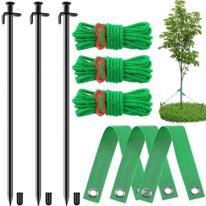 Tree Stakes, 3 Pcs 15.8 Inch Heavy Duty Steel Stakes and Supports Kit for Leaning Young Trees Straightening Against Strong Wind Bad Weather, 3 Pcs Support Straps and 13.2ft Ropes for Anchoring