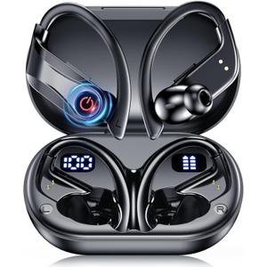 Wireless Earbuds Bluetooth 120 Hrs Headphones, Sports Ear Hook with Charging Case Earphones Noise Canceling Dual LED Display Case One Step Control IPX7 Waterprrof and Sweat and Resistant Black