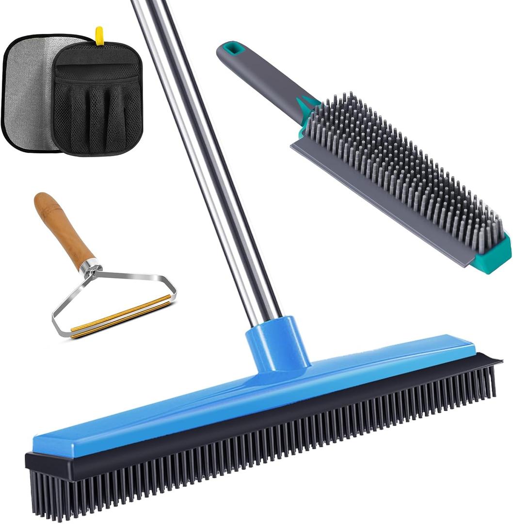 Carpet Rake for Pet Hair Removal, 4-in-1 Reusable Carpet Broom, 66" Adjustable Long Handle Carpet Rake with Squeegee,Rubber Edge Broom Rug for Hardwood Floors, Mats and Couches