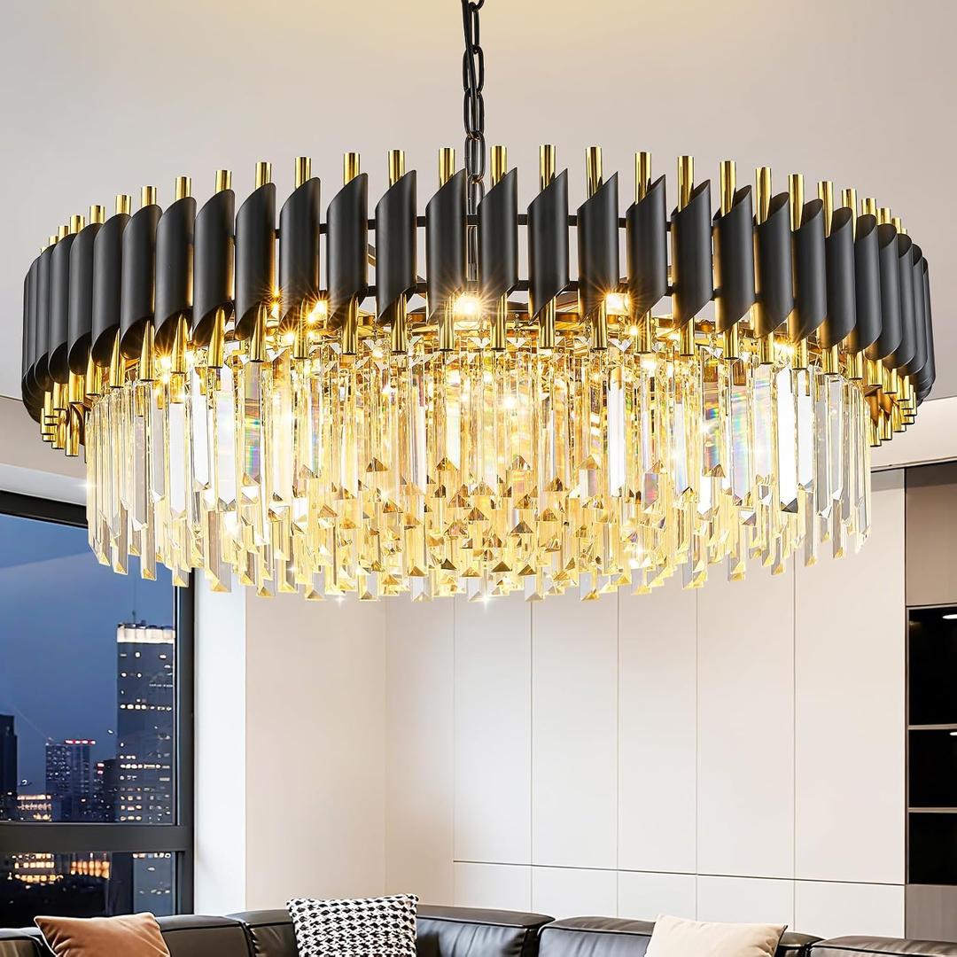 Black and Gold Crystal Chandelier 30'' K9 Crystal Luxury Round Pendant Lights Adjustable 6-Tier 12-Lights Large Modern Crystal Chandelier Light for Dining Room Living Room Foyer Entryway