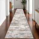 KOZYFLY Modern Abstract Washable Rug Runner 2.6x14 Hallway Rug Runner Non-Slip Soft Kitchen Runner Rugs, Multi Grey/Orange Striped Carpet for Entryway Bathroom