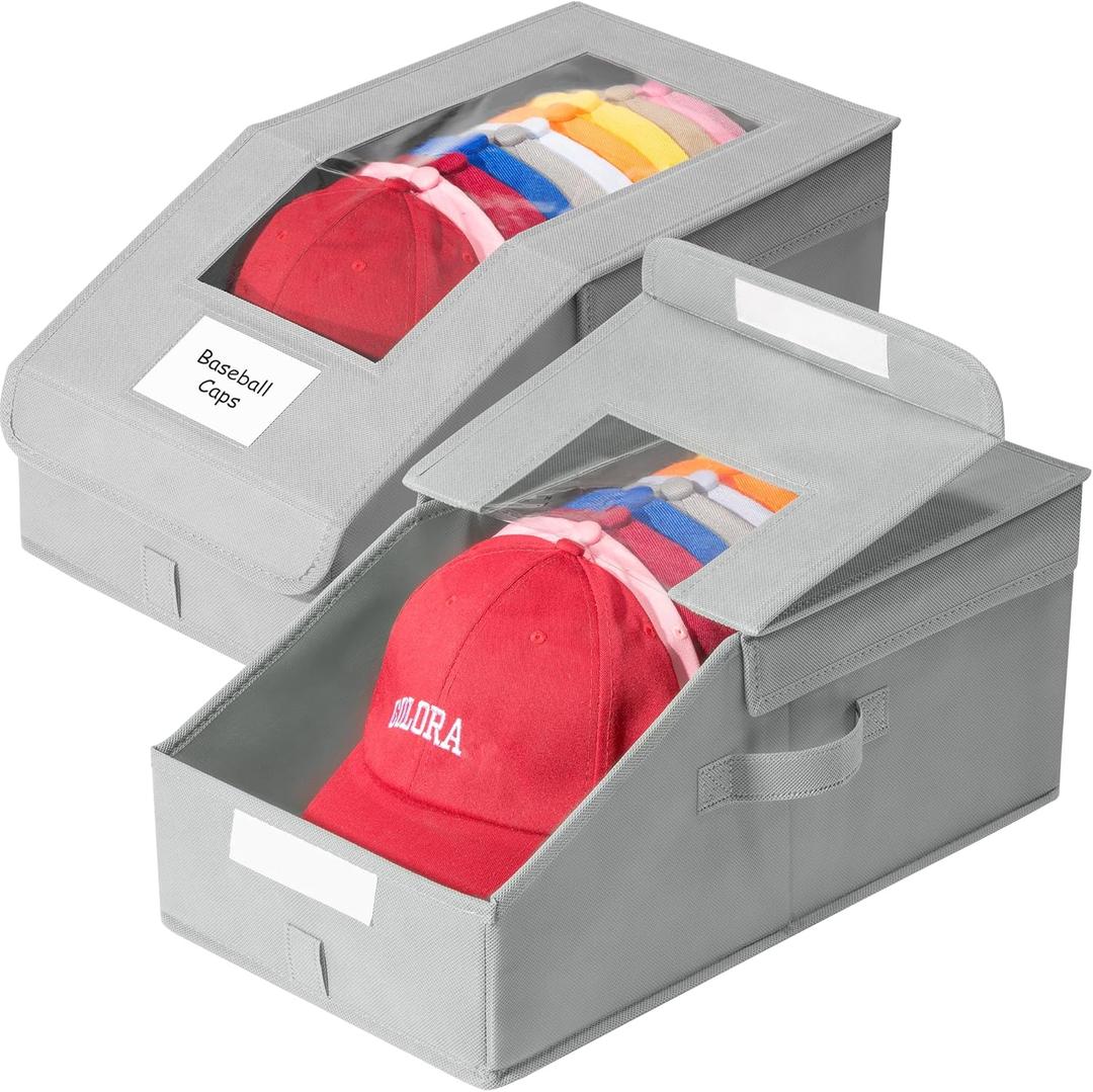 Hat Organizer for Baseball Caps, 2 Pack Stackable Hat Storage Boxes with Clear Window, Holds up to 28 Caps, Foldable Hat Organizer for Closet & Shelf, Grey