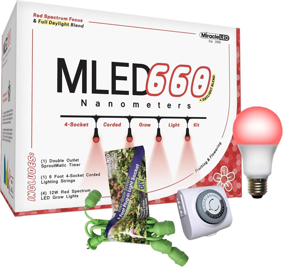 Miracle LED Nanometer 660 Indoor Grow Light Kit - Includes 4 Ultra Grow Red Spectrum 150W Replacement Grow Light Bulbs & 1 4-Socket Corded Fixture with SproutMatic Timer