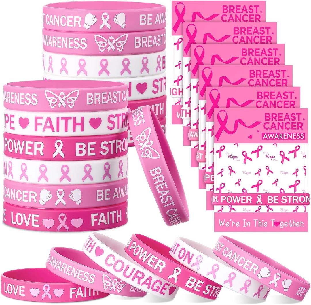 2 x 30 Sets/ 60 Pcs Breast Cancer Awareness Bracelets with Pink Ribbon Cards, Include 30 Silicone Wristbands 30 Pink Ribbon Awareness Cards for Charity Breast Cancer Party Supplies (Pink)