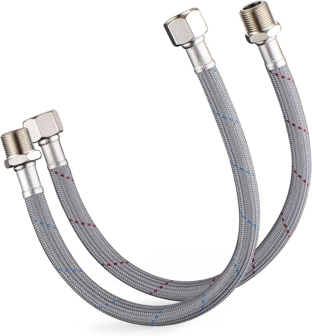 J-HVA Faucet Supply Lines Length 12" x G 3/8 Female Thread Connector Braided Nylon Extension Hoses for Bathroom Kitchen Sink Faucet Hose Filter, Stainless Steel Nut (1 Pair)