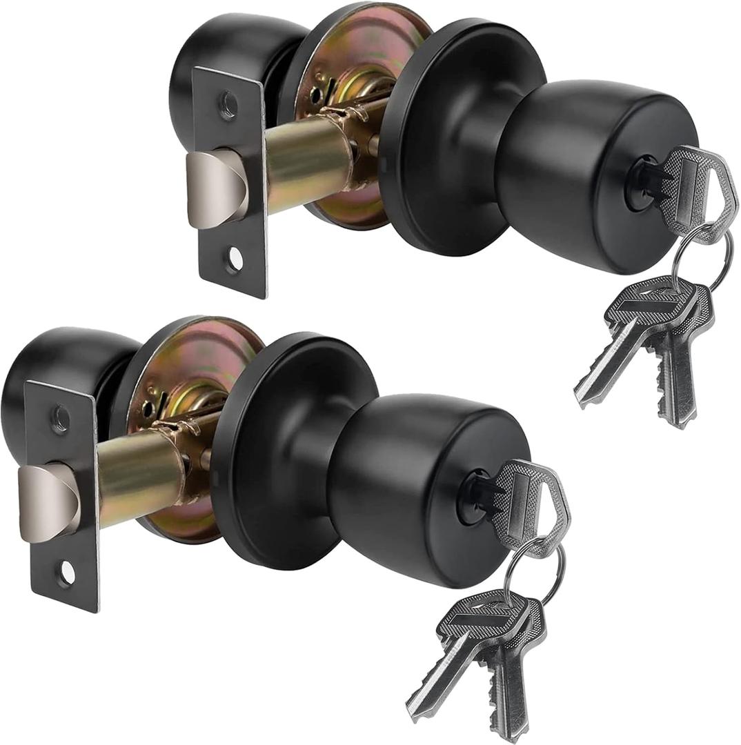 JO.KO 2 Pack Door Knob with Lock and Key, Round Ball Lock Interior/Exterior Door Knob for Bedroom Or Bathroom/Entry Door Handle (Matte Black 2Pack)