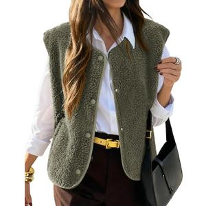 KIRUNDO Women's Fall Winter Fleece Vest 2025 Trendy Sleeveless Sherpa Jacket Button Down Open Front Fuzzy Warm Outerwear (Green, S)