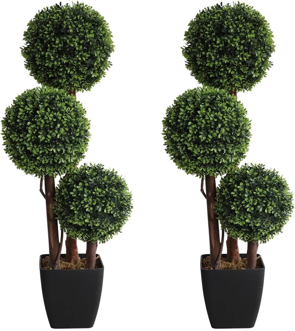 Artificial Topiaries Ball Tree Outdoor, 3ft Fake Topiary Triple Ball Boxwood Trees(2 Pieces), Faux Shrubs Plants Potted Green Decorative Indoor Porch or Garden35inch