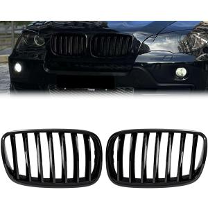 Front Grill Compatible with 2007-2013 BMW X5 E70 2008-2014 BMW X6 E71,ABS Front Kidney Grille Single Slats Gloss Black Kidney Hood Bumber Grill Replacement