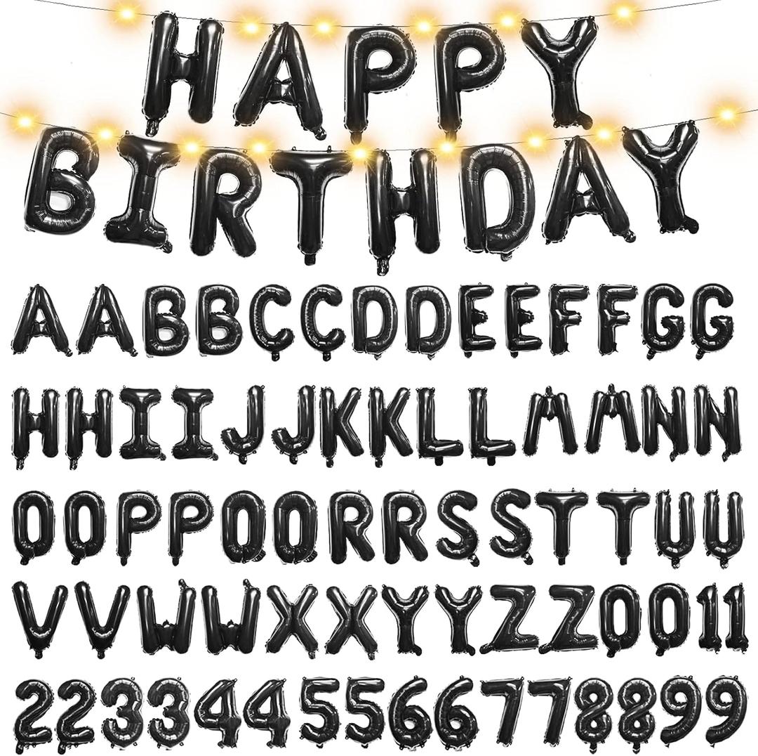 [85 PCS] 16" Foil Personalized Name Happy Birthday Balloons Letters, Mylar Aluminum Custom Name and Age Letter Balloons, 2 Sets A- Z & 0-9 for Birthday Party Graduation Wedding Holiday Event (Black)