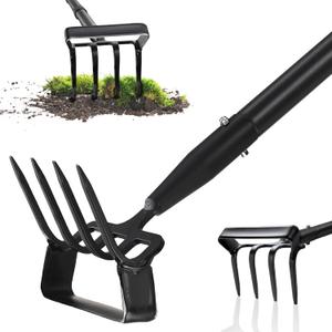 Stirrup Hoe, Heavy Duty Hula Hoe with 32-62" Adjustable Long Handle, 2 in 1 Action Hoe with Cultivator Rake, Scuffle Hoe, Hula Hoe Garden Tool for Weeding Grass, Loosening Soil, Sharp Blade, Black