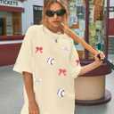 Baseball Shirts Women Baseball Bow Oversized Graphic Tshirt Game Day Gift Baseball Mom Casual Tee Tops (Medium, Apricot)
