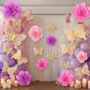 Honoson 22 Pcs 3 Sizes Large Butterfly Party Decorations 3D Giant Pastel Flowers Decors 2 Layer Paper Butterfly 12" 10" 8" Paper Flowers for Birthday Party Wedding Baby Shower Spring(Gold, Purple)