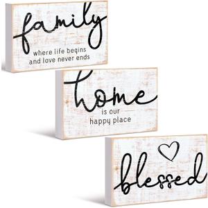 Jetec 3 Pcs Family Home Blessed Rustic Wood Sign Mini Wood Decorative Farmhouse Woodworks Table Shelves Decorations Sign for Bedroom Kitchen Living Room Table Decor(Retro Color,4.25 x 2.76 x 0.59 in)